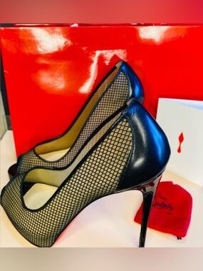 Christian Louboutin “Very Rete 120” Black Mesh Peep Toe Heels